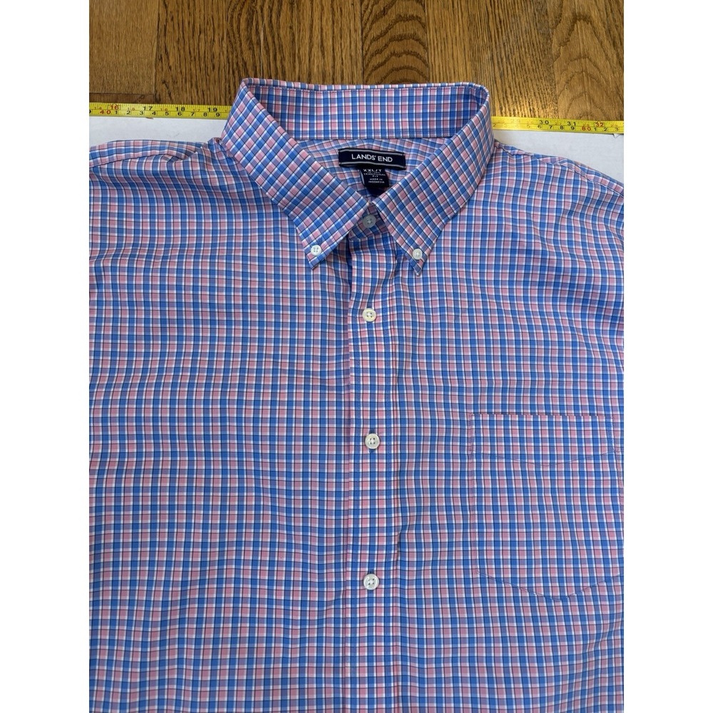 Lands End Mens XXL Tall Traditional Fit Blue Pink Check Button Down Shirt